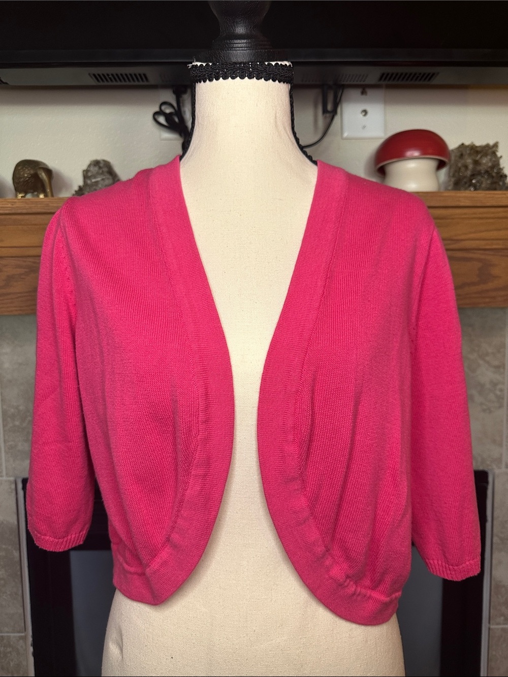Y2K Pink Bolero Cropped Short Sleeve Sweater Preppy Knit Cardigan Size L
